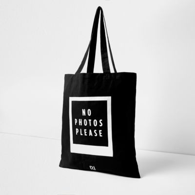 Black &#39;No Photos Please&#39; cotton shopper bag